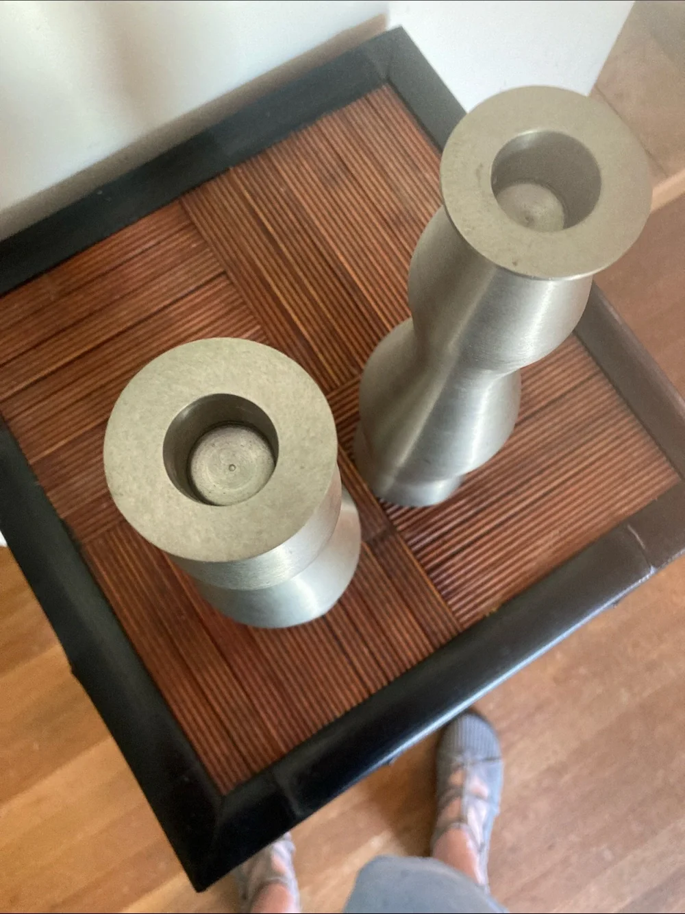 Sleek mod brushed metal candleholders. Look new